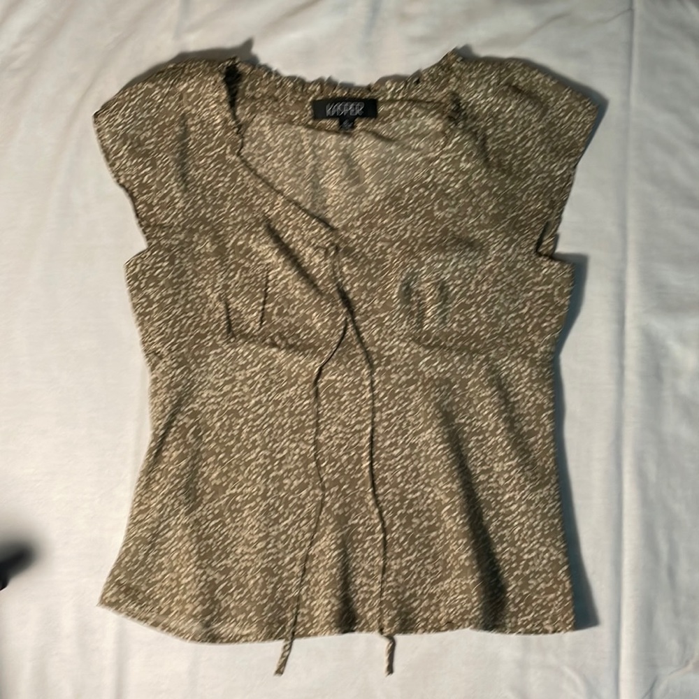 Kasper Khaki & Cream Color blouse w/ruffle trim on collar,tie in front,size 8